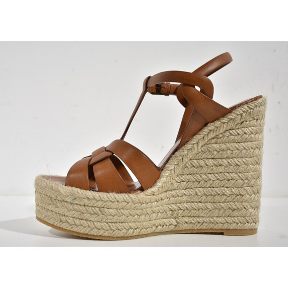 Saint Laurent Tribute Espadrille 85 Brown Ankle Strap Platform Wedge Sandal 40.5 - Picture 9 of 12